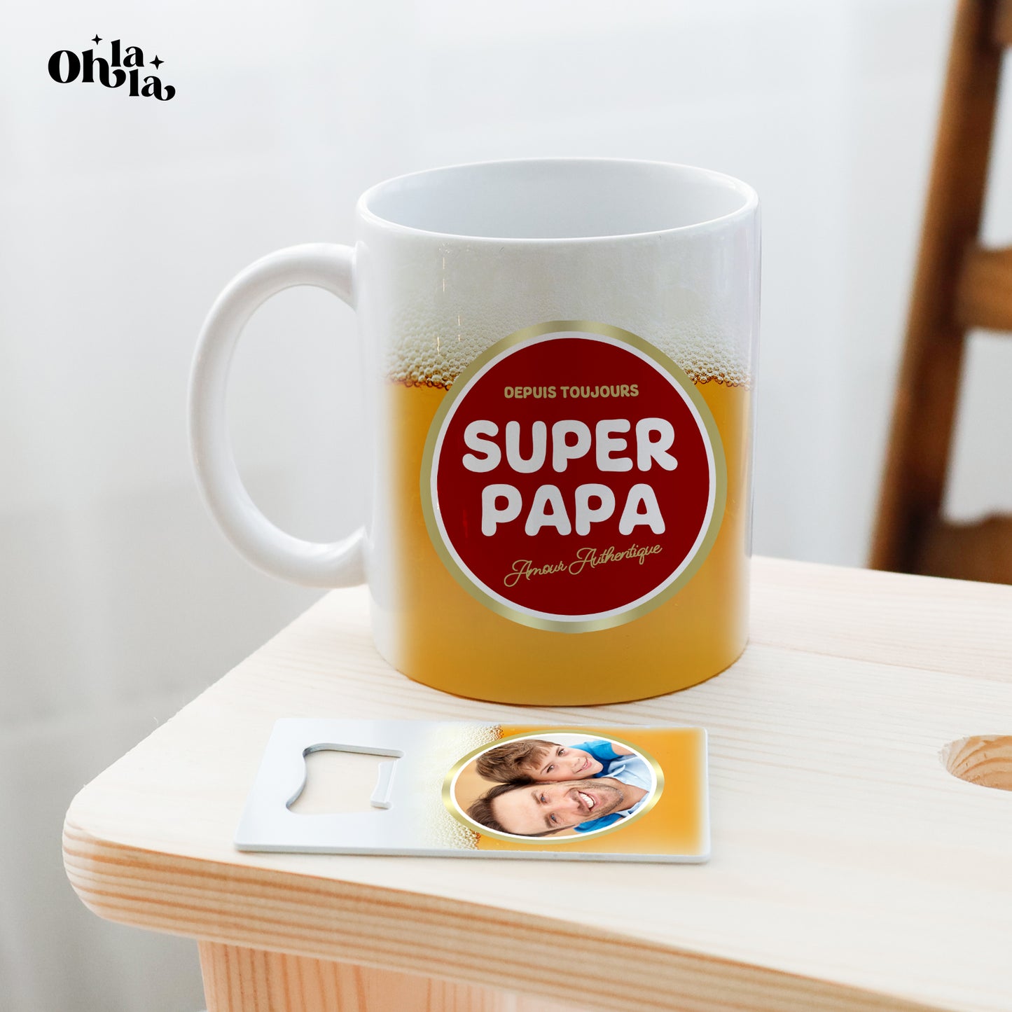 Mug et ouvre-bouteilles “Depuis toujours, super papa, amour authentique