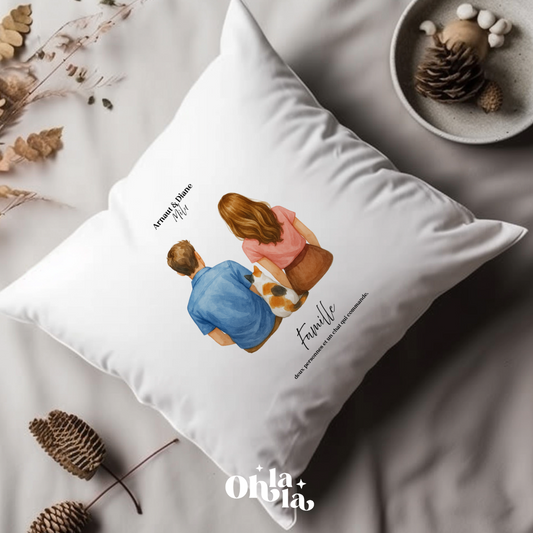 🛋️ Coussin Couple & chat – Personnalisable