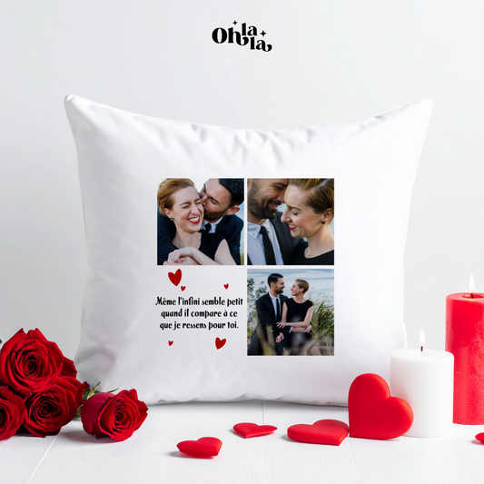 Coussin photo personnalisé avec phrase – 3 photos