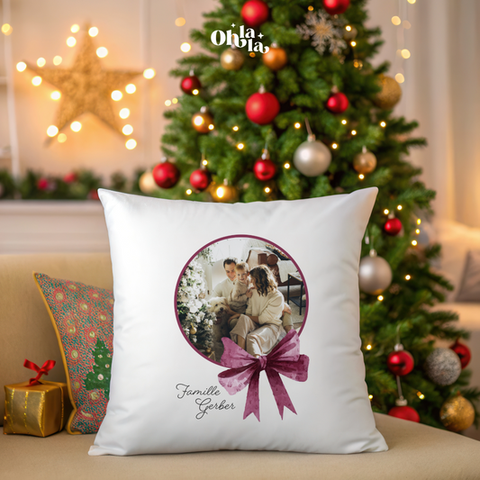 Coussin personnalisable – Boule de Noël & Photo