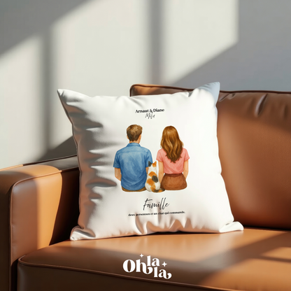 🛋️ Coussin Couple & chat – Personnalisable