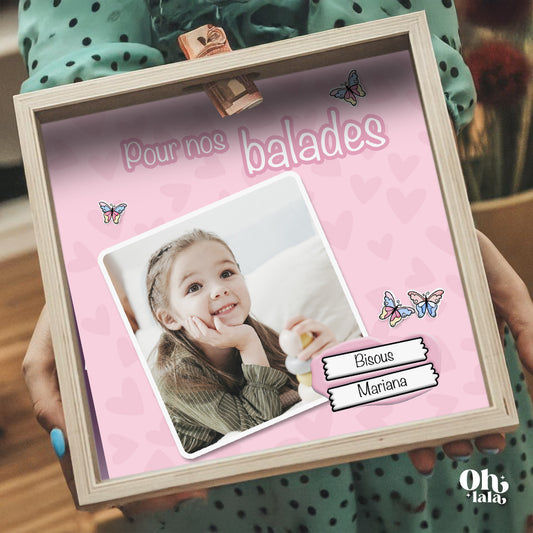 Tirelire "Pour nos balades" en rose