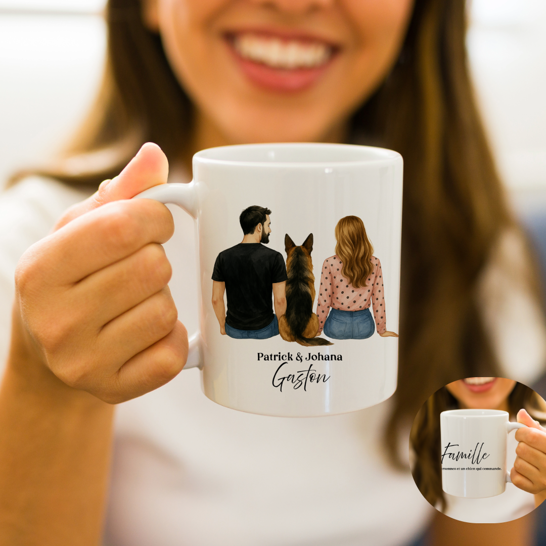 ☕ Mug personnalisé – Couple & chien