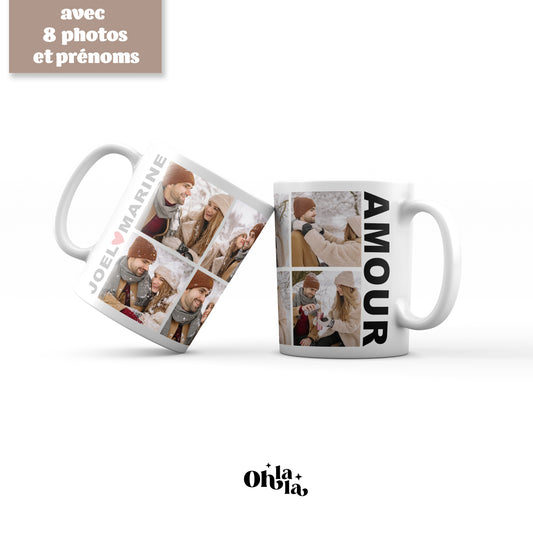 Mug photo personnalisé “Amour” – 8 photos & prénoms