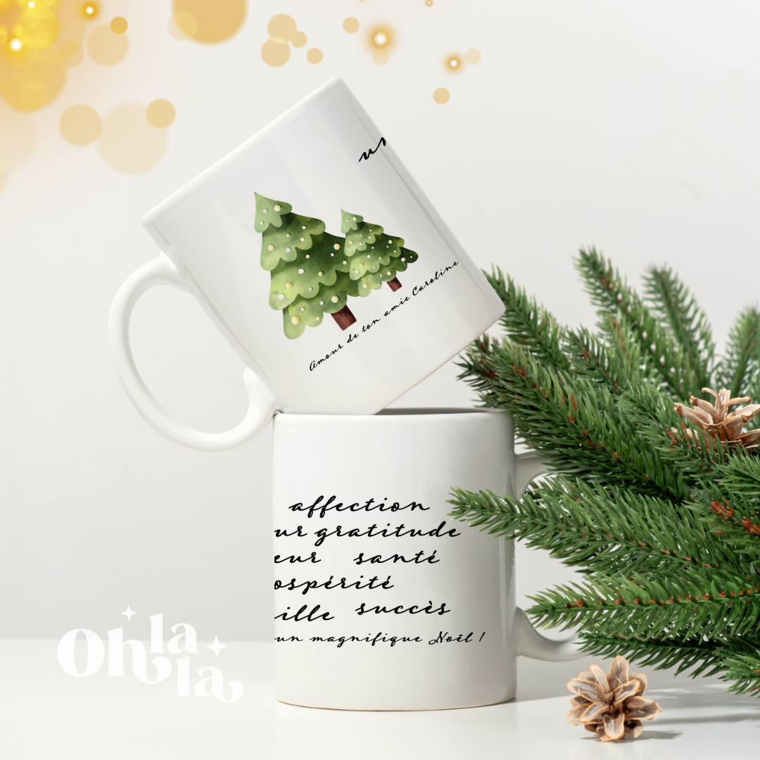 Mug de Noël – Forêt de Sapins et Mots de Vœux