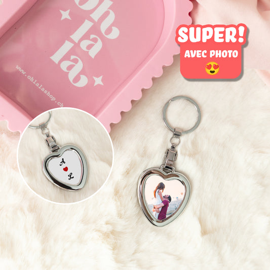 Porte-clés métallique en forme de cœur – Personnalisable avec photo et initiales